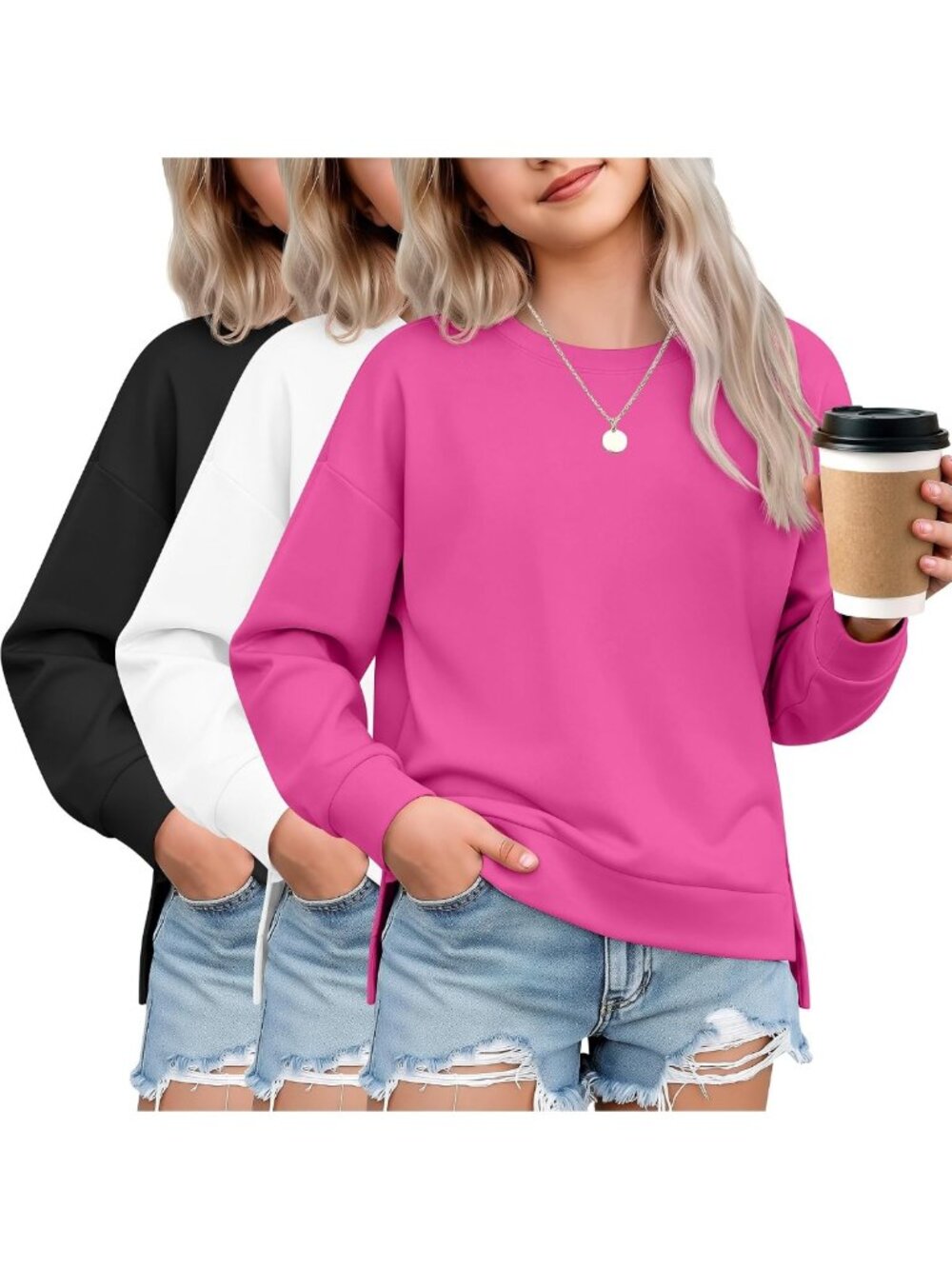 3 Pack Girls Sweatshirts Kids Crewneck Pullover Tops